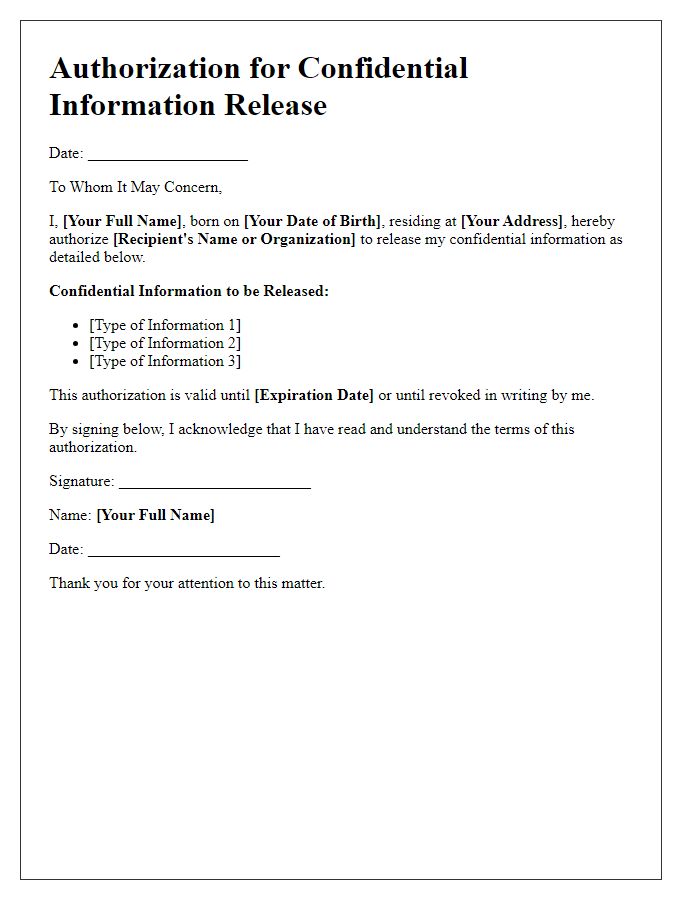 Letter template of Authorization for Confidential Information Release