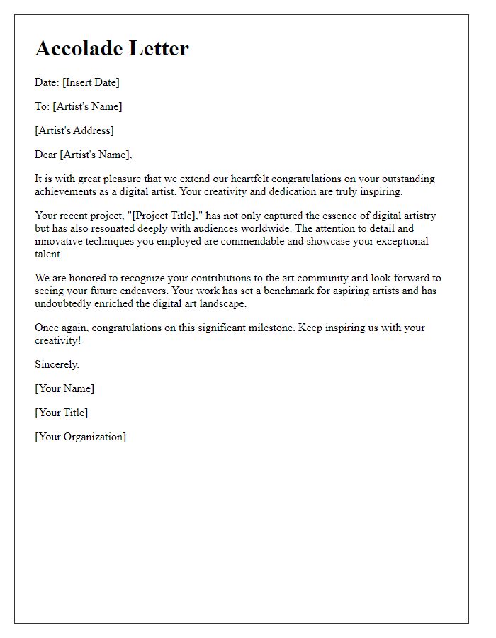 Letter template of accolade for a digital artist