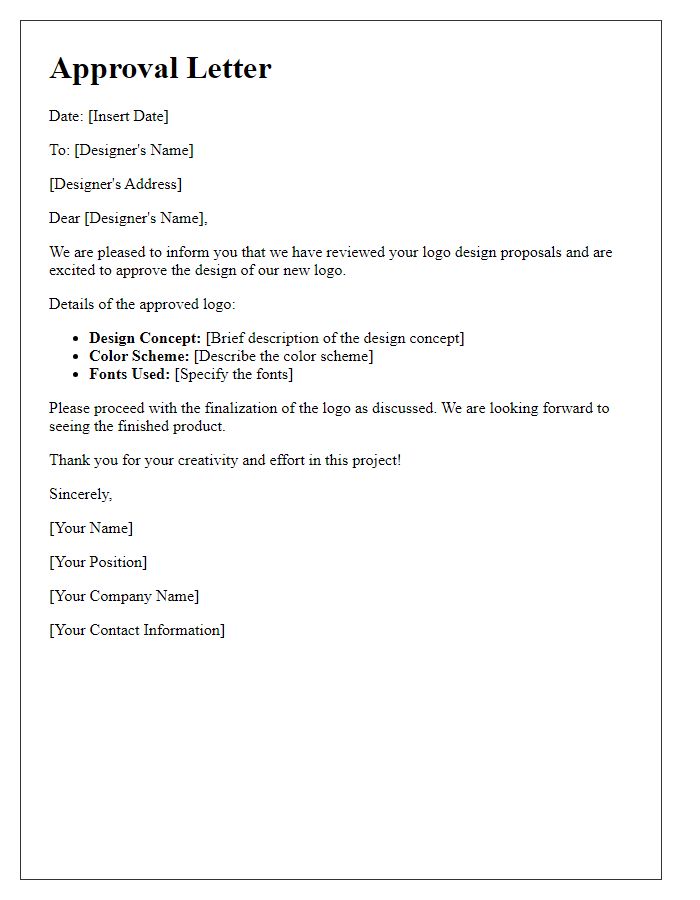 Letter template of approval for a logo designer