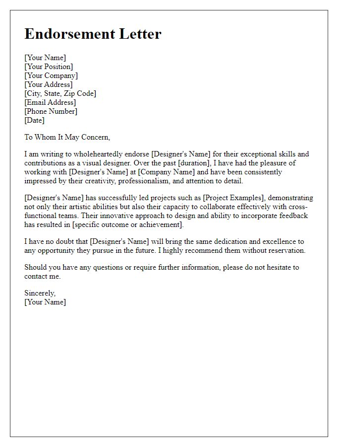 Letter template of endorsement for a visual designer