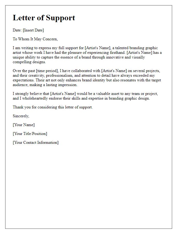 Letter template of support for a branding graphic artist