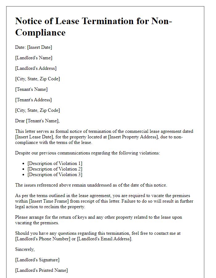 Letter template of commercial lease termination for non-compliance