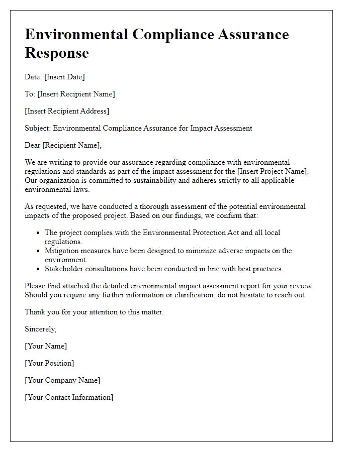 Letter template of environmental compliance assurance for impact assessment