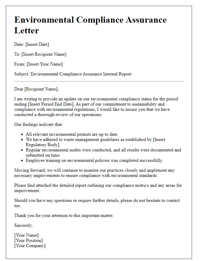 Letter template of environmental compliance assurance for internal reporting