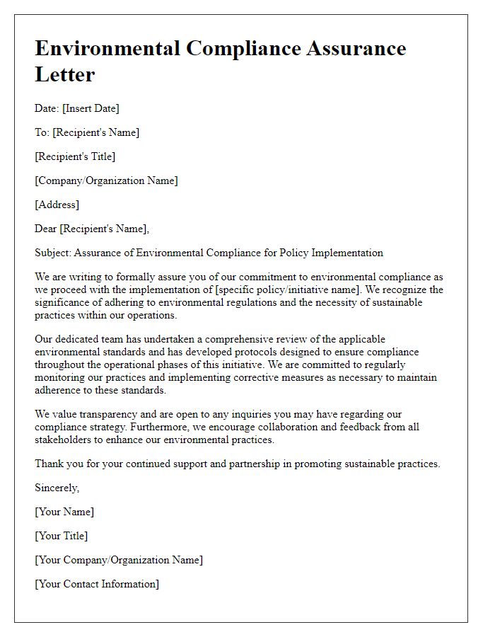 Letter template of environmental compliance assurance for policy implementation