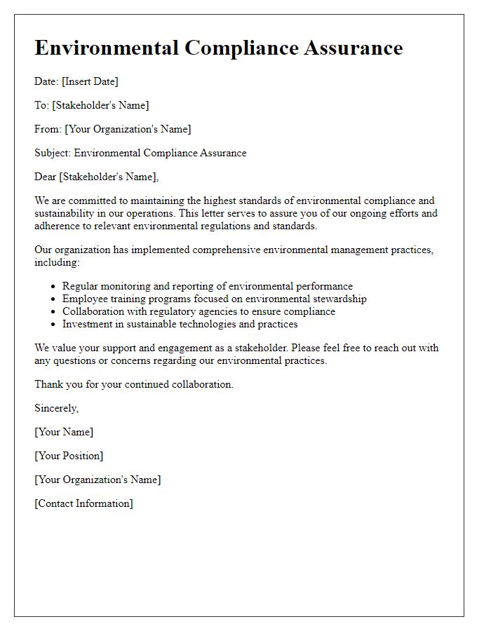 Letter template of environmental compliance assurance for stakeholder communication