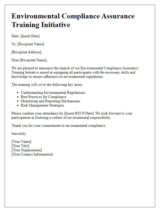 Letter template of environmental compliance assurance for training initiatives