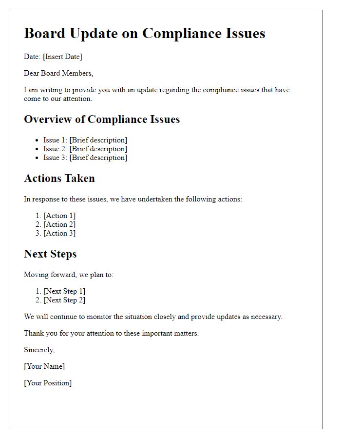 Letter template of board update for compliance issues