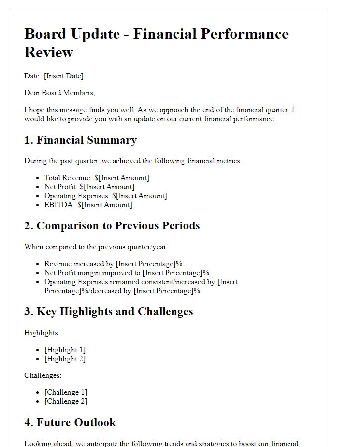 Letter template of board update for financial performance review