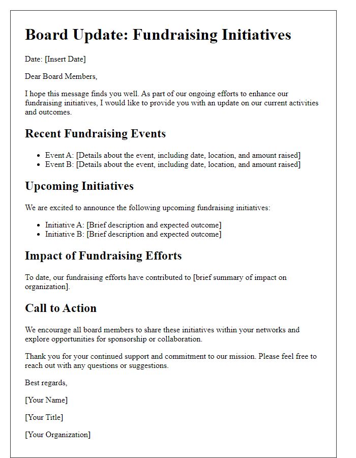 Letter template of board update for fundraising initiatives