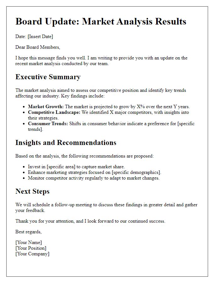 Letter template of board update for market analysis results