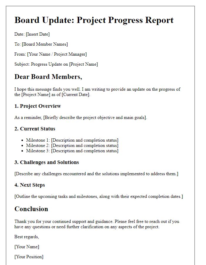 Letter template of board update for project progress report