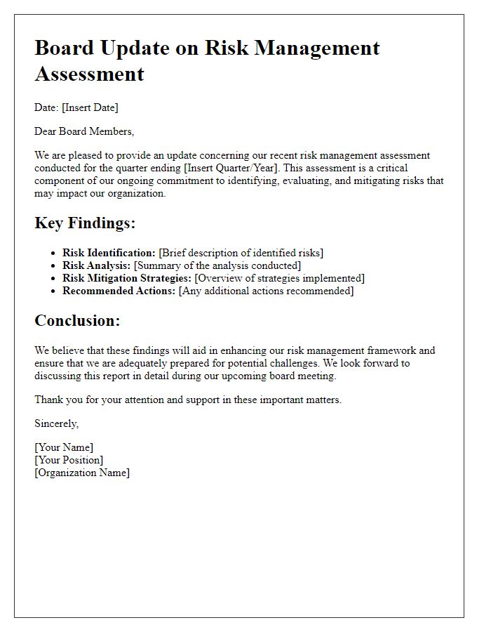 Letter template of board update for risk management assessment