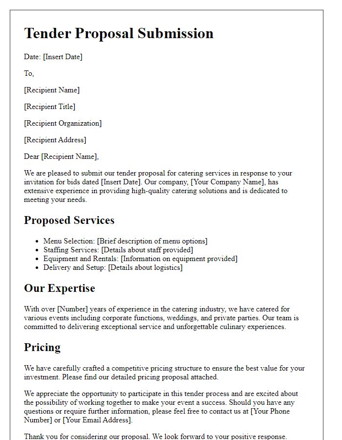 Letter template of tender proposal submission for catering services.