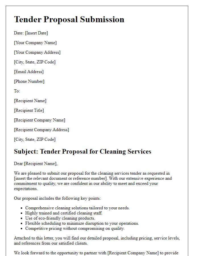 Letter template of tender proposal submission for cleaning services.