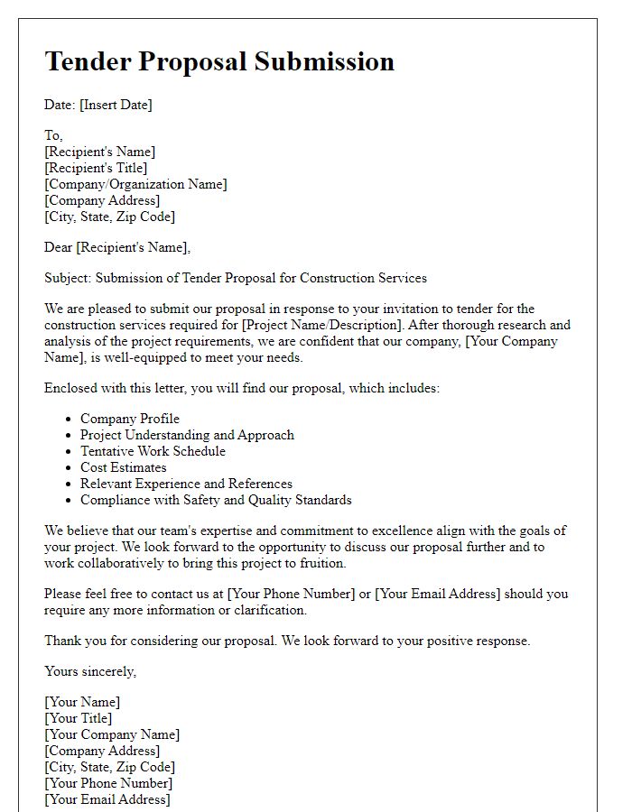 Letter template of tender proposal submission for construction services.