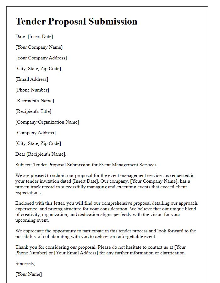 Letter template of tender proposal submission for event management services.