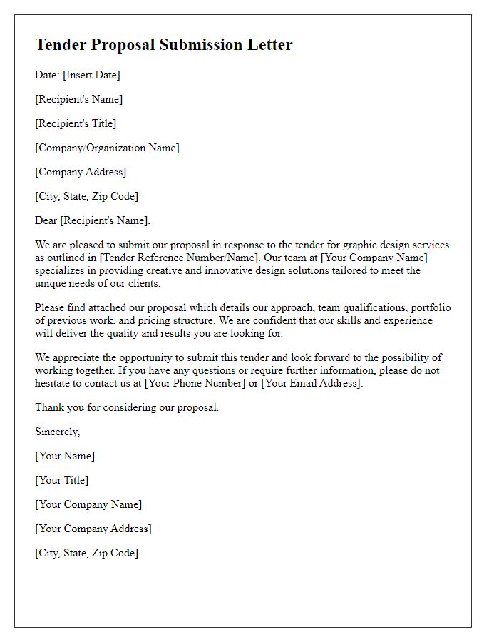 Letter template of tender proposal submission for graphic design services.