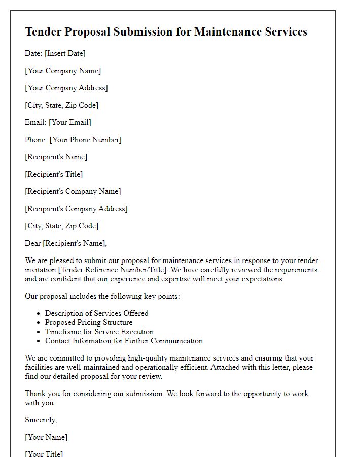 Letter template of tender proposal submission for maintenance services.