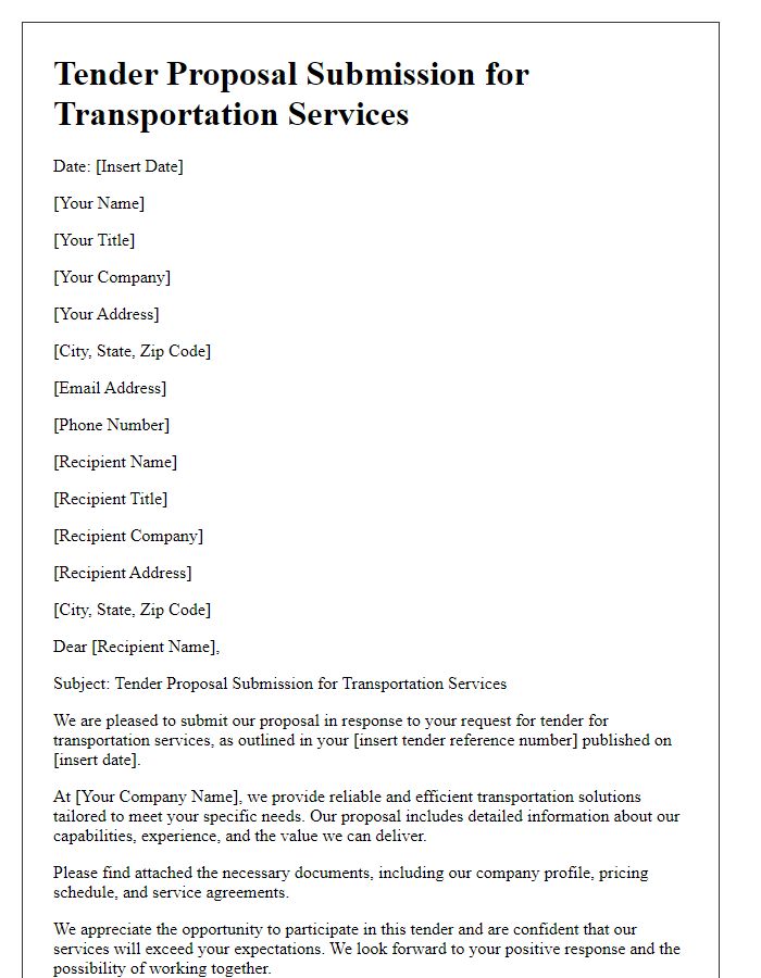 Letter template of tender proposal submission for transportation services.