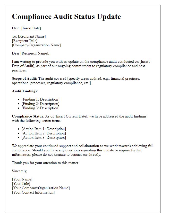 Letter template of compliance audit compliance status update