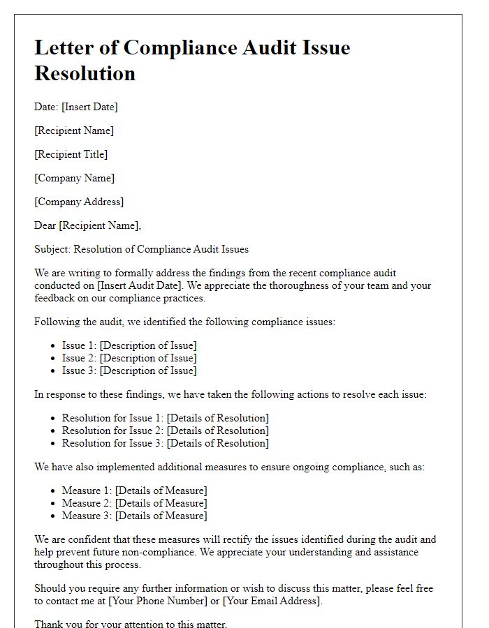 Letter template of compliance audit issue resolution