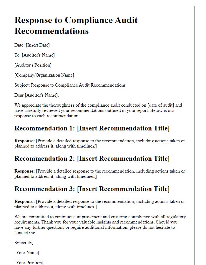 Letter template of compliance audit response to recommendations