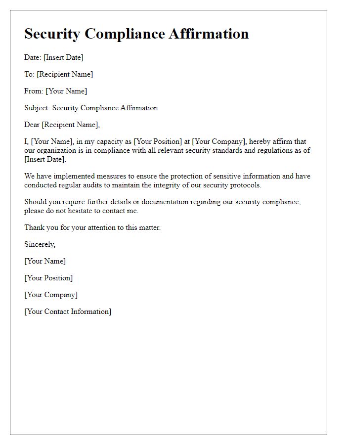 Letter template of security compliance affirmation