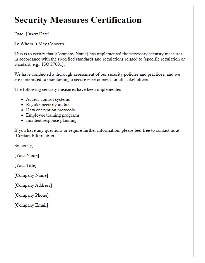 Letter template of security measures certification