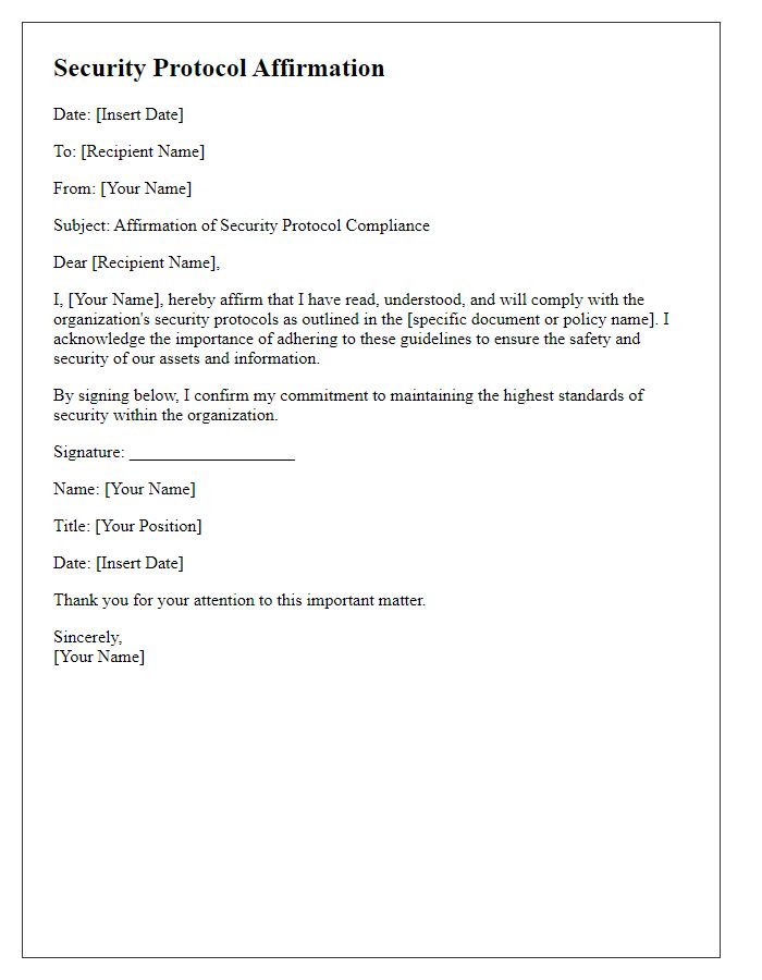 Letter template of security protocol affirmation