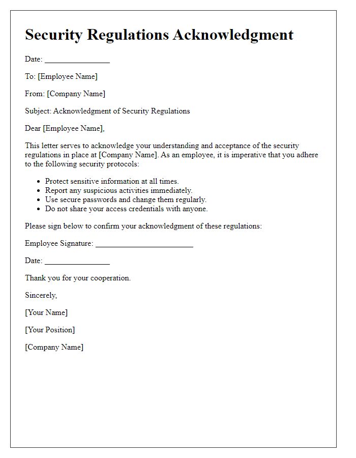 Letter template of security regulations acknowledgment