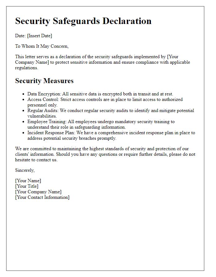 Letter template of security safeguards declaration