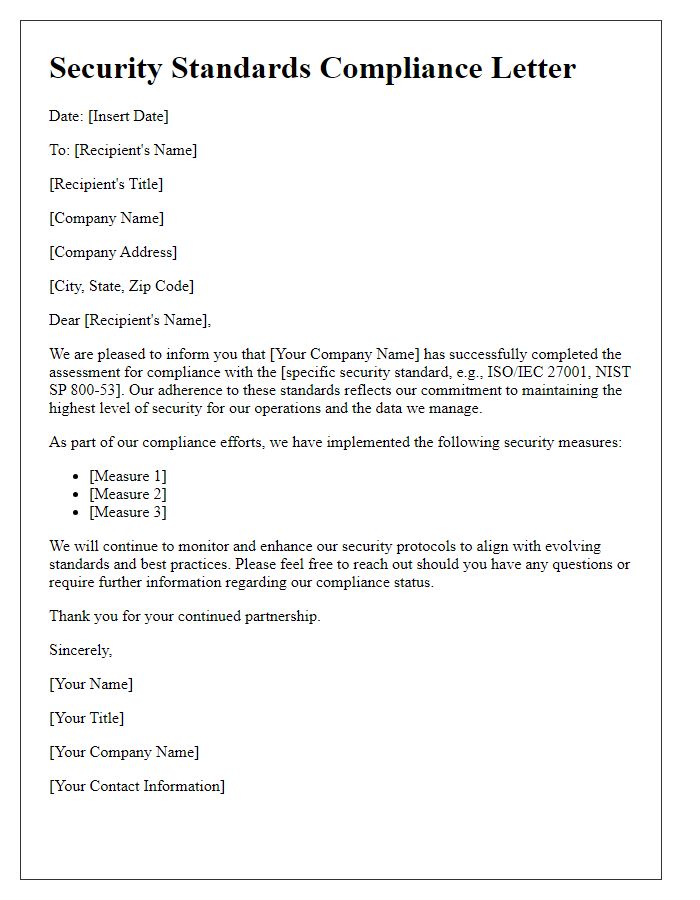 Letter template of security standards compliance
