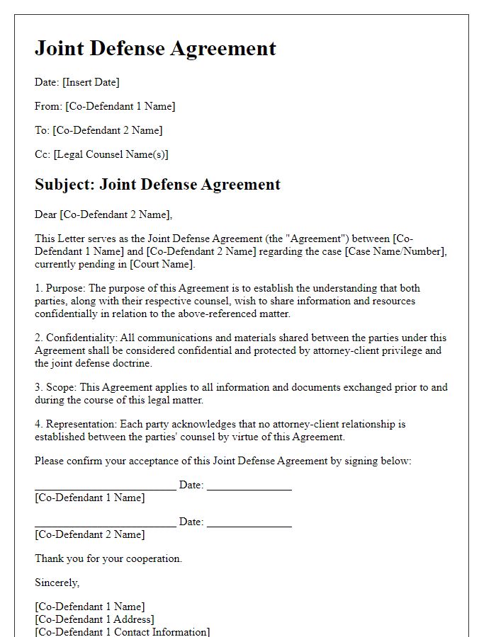 Letter template of Joint Defense Agreement for Co-Defendants