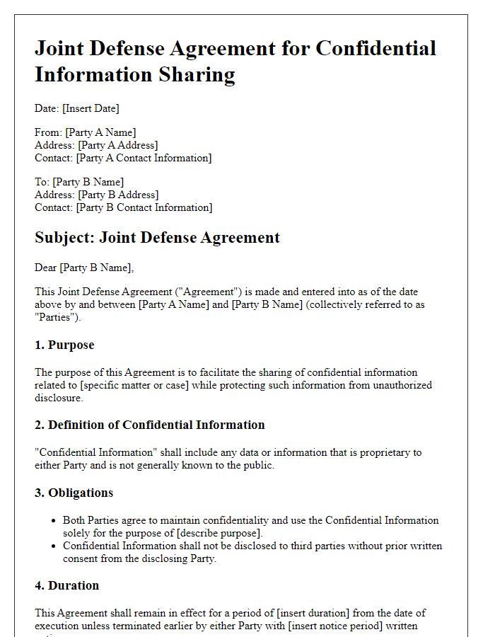 Letter template of Joint Defense Agreement for Confidential Information Sharing