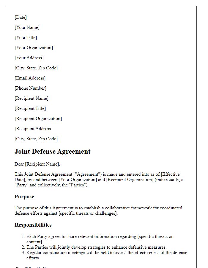 Letter template of Joint Defense Agreement for Coordinated Defense Efforts