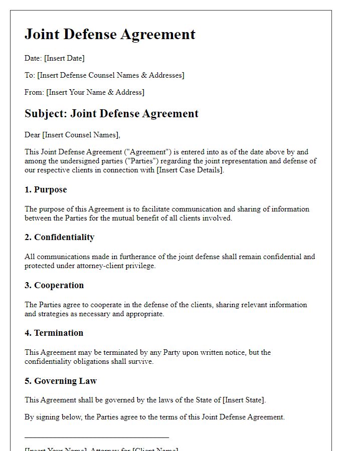 Letter template of Joint Defense Agreement for Criminal Defense Counsel