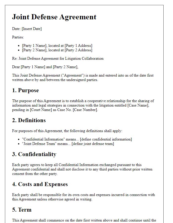 Letter template of Joint Defense Agreement for Litigation Collaboration