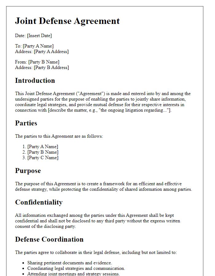 Letter template of Joint Defense Agreement for Multi-Party Representation