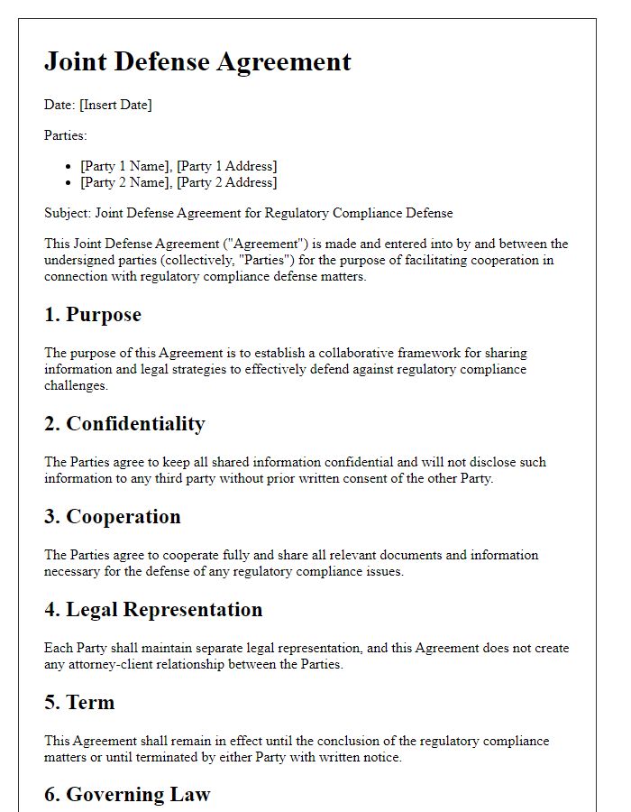 Letter template of Joint Defense Agreement for Regulatory Compliance Defense