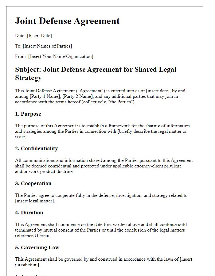 Letter template of Joint Defense Agreement for Shared Legal Strategy