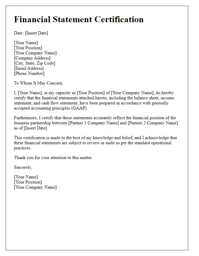 Letter template of Financial Statement Certification for Business Partnership