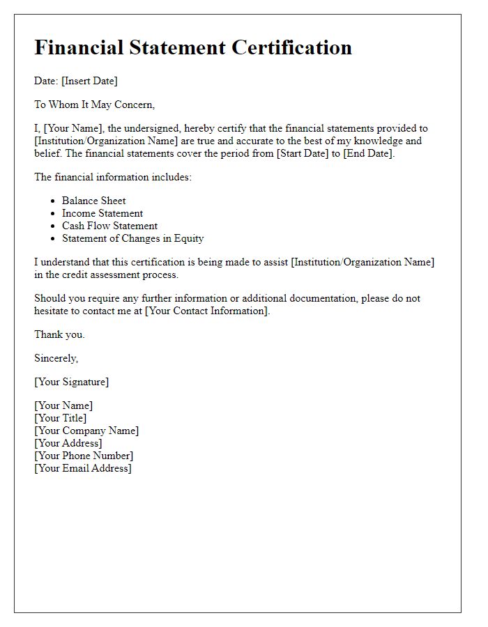 Letter template of Financial Statement Certification for Credit Assessment