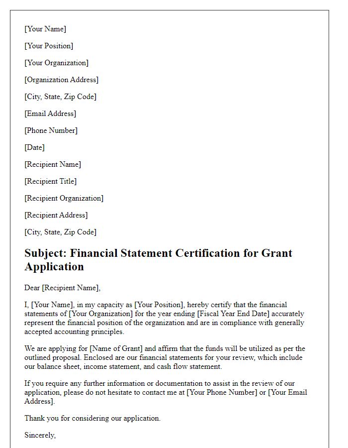 Letter template of Financial Statement Certification for Grant Application