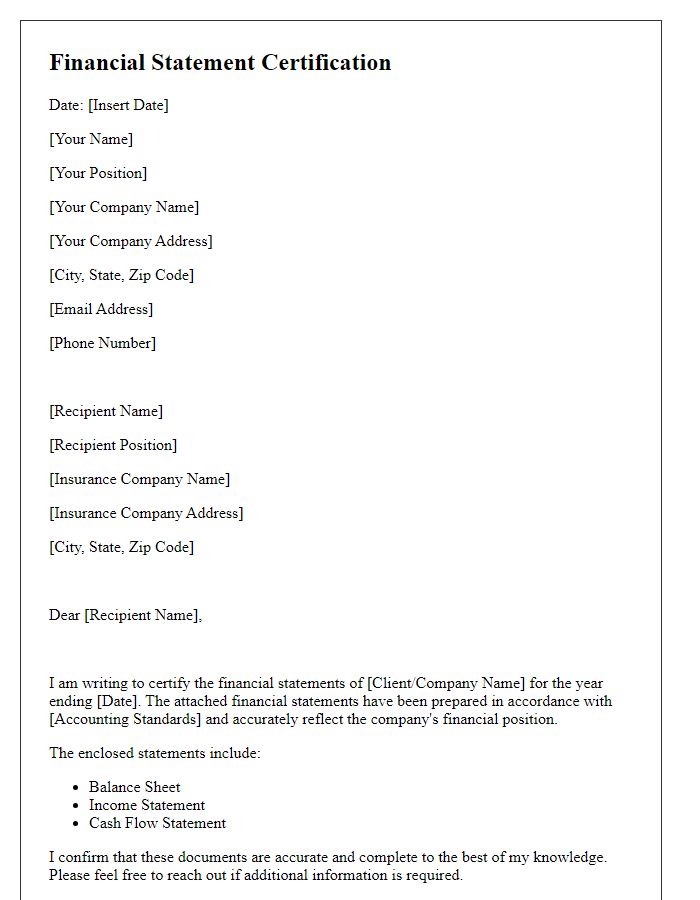 Letter template of Financial Statement Certification for Insurance Underwriting