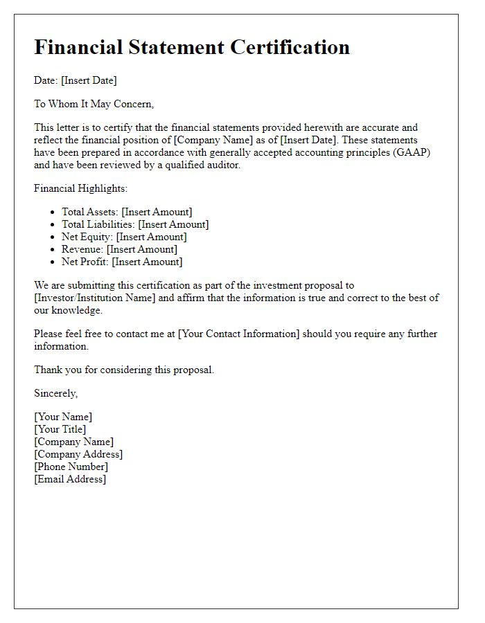 Letter template of Financial Statement Certification for Investment Proposal