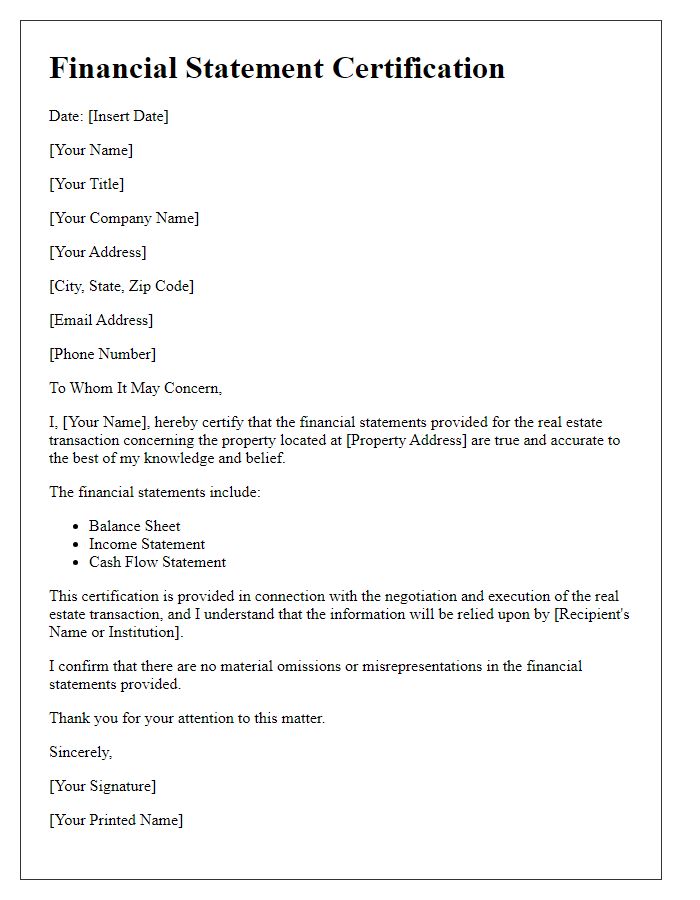 Letter template of Financial Statement Certification for Real Estate Transactions