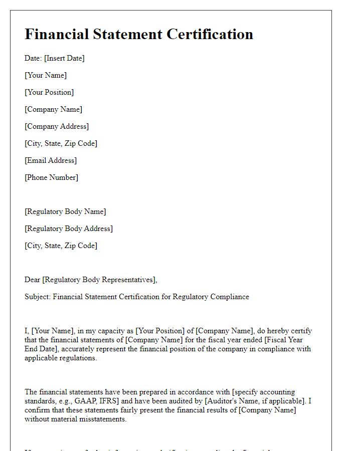 Letter template of Financial Statement Certification for Regulatory Compliance