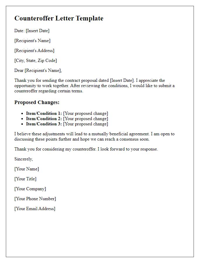 Letter template of counteroffer for contract conditions