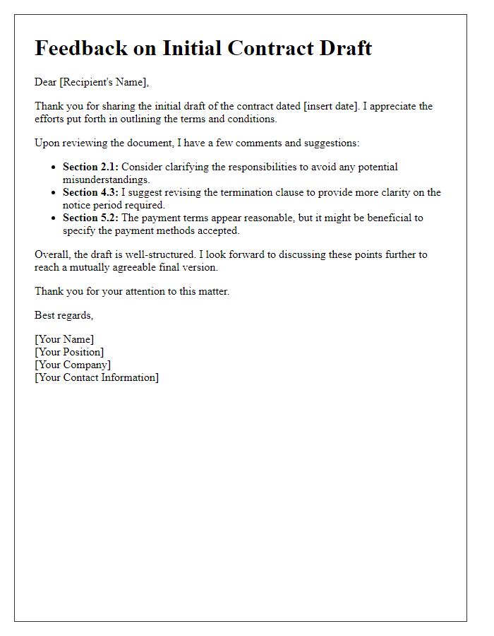 Letter template of feedback on initial contract draft